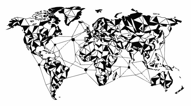 World map composed of geometric triangles and interconnected lines visualizes global connectivity and data networks.