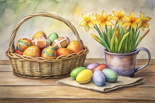 easter basket with easter eggs and daffodils