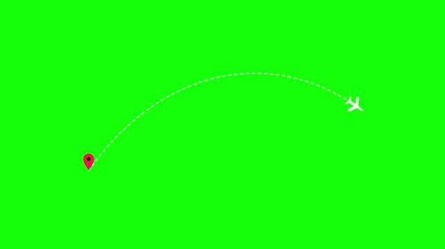 Airplane flight path animation with location pins on green screen