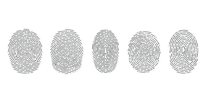 Collection of biometric fingerprint identity icons and thumbprint scan symbols for security identification vector illustration.