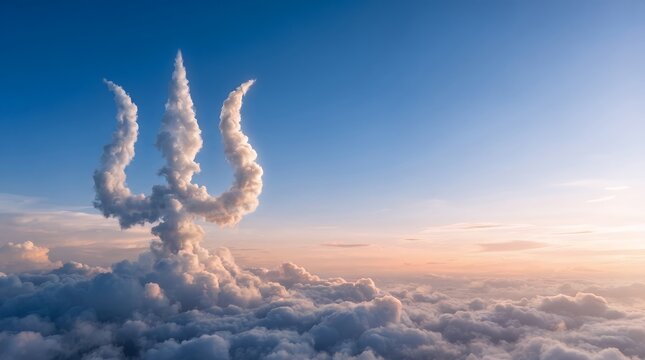 Surreal Fluffy Cloud Trident Shape Rising Above Sea of Clouds Sky Background