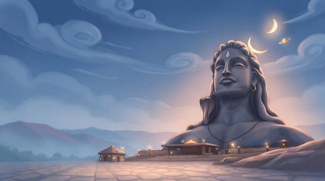 Digital Illustration Giant Lord Shiva Adiyogi Statue Bust with Crescent Moon at Sunset Landmark Background