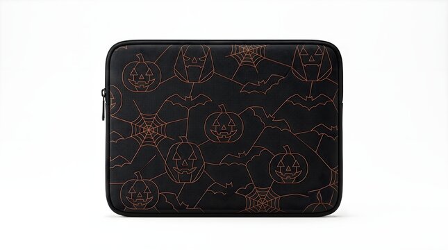 Black laptop sleeve with a Halloween-themed pattern featuring pumpkins, bats, and spiderwebs, perfect for protecting your device during the spooky season
