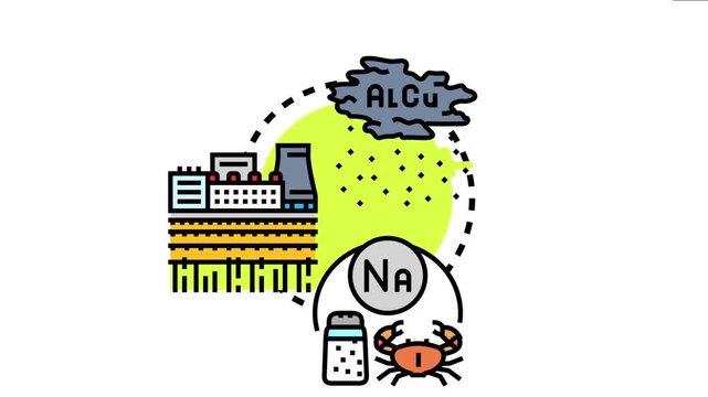 Natural elements conditions concept showing industrial buildings, rain cloud with metal elements, sodium, salt shaker, and iodine within a crab for health and environment