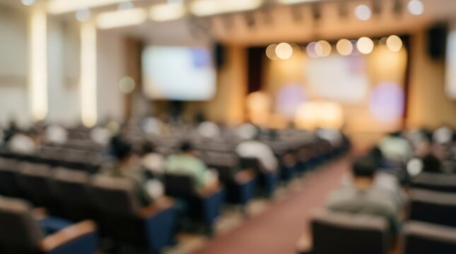 Blurred Audience in Conference Hall with Stage and Screen for Business Seminar Presentation Background