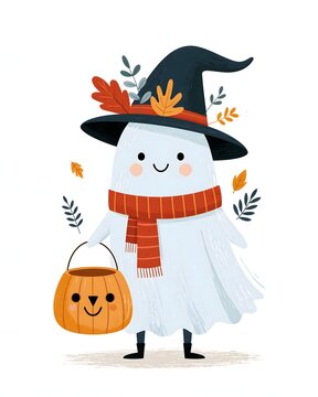 Cute ghost dressed as a little witch, decorated with autumn leaves, holding a smiling jack-o-lantern candy bucket, playful children's Halloween illustration, handcrafted folk art style, clean