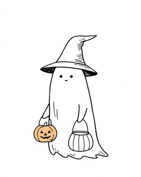 Minimal Halloween ghost line art wearing a classic pointed witch hat and carrying a pumpkin candy bucket, simple black ink illustration, clean white background, elegant coloring-book inspired