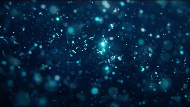 Bioluminescent marine particles glow within an abstract deep-sea science environment, tiny abstract material background