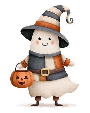Cute Halloween ghost with round friendly eyes, patchwork witch costume, striped hat and pumpkin candy bucket, handcrafted textile collage aesthetic, cozy autumn colors, isolated on white,