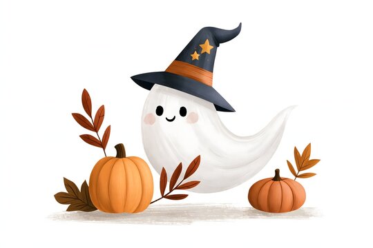 Whimsical Halloween ghost floating beside pumpkins and autumn leaves, wearing a decorated witch hat, playful folk art illustration, hand-painted brushwork, balanced decorative composition,