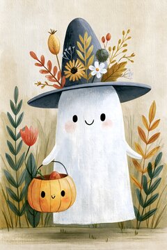 Playful Halloween ghost floating through an autumn garden, oversized witch hat decorated with dried flowers, pumpkin candy basket in hand, whimsical watercolor and gouache illustration, soft natural