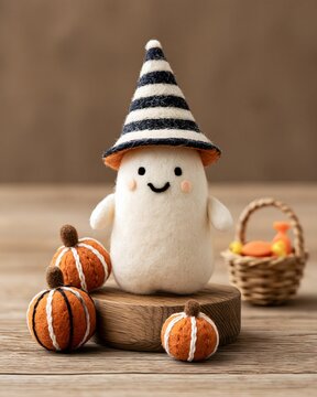 Halloween ghost character designed as a handmade felt ornament, striped witch hat, stitched pumpkin decorations and miniature candy basket, cozy textile craft aesthetic, isolated composition,