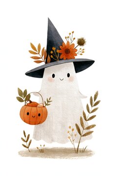 Playful Halloween ghost floating through an autumn garden, oversized witch hat decorated with dried flowers, pumpkin candy basket in hand, whimsical watercolor and gouache illustration, soft natural