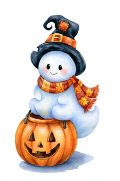 Adorable Halloween ghost sitting beside a large jack-o-lantern candy bucket, wearing a crooked witch hat and autumn scarf, charming children's book illustration, hand-painted watercolor style,