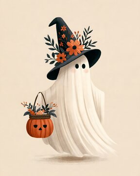 Elegant Halloween ghost illustration with flowing white fabric, sophisticated black witch hat decorated with orange flowers and leaves, pumpkin candy basket, refined vintage folk art, warm cream