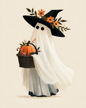 Elegant Halloween ghost illustration with flowing white fabric, sophisticated black witch hat decorated with orange flowers and leaves, pumpkin candy basket, refined vintage folk art, warm cream