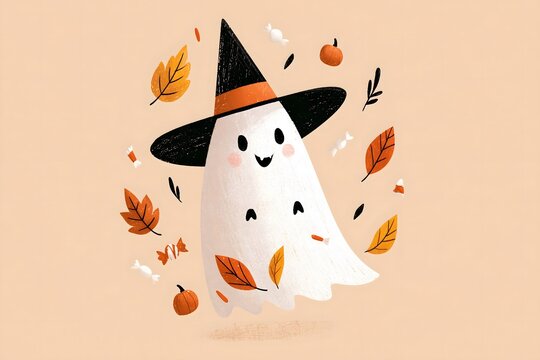 Halloween ghost character surrounded by floating autumn leaves, candy pieces and tiny pumpkins, playful witch hat, cheerful folk illustration, handcrafted painted texture, clean commercial