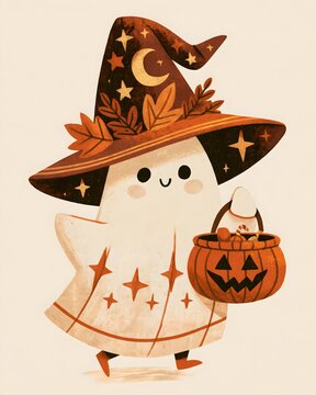 Cute Halloween ghost with a wide-brim witch hat decorated with stars, moons and autumn leaves, holding a pumpkin candy basket, whimsical vintage Halloween illustration, muted orange and brown palette,