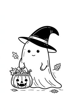 Halloween ghost character in simple monochrome line art, pointed witch hat, pumpkin candy basket and small autumn leaves, elegant minimal illustration, clean white negative space, commercial stock