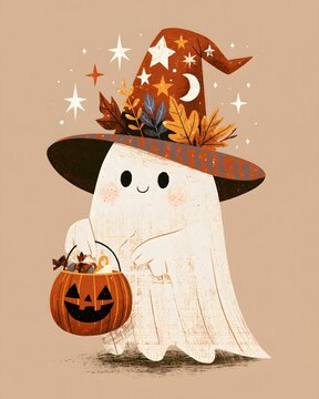 Cute Halloween ghost with a wide-brim witch hat decorated with stars, moons and autumn leaves, holding a pumpkin candy basket, whimsical vintage Halloween illustration, muted orange and brown palette,
