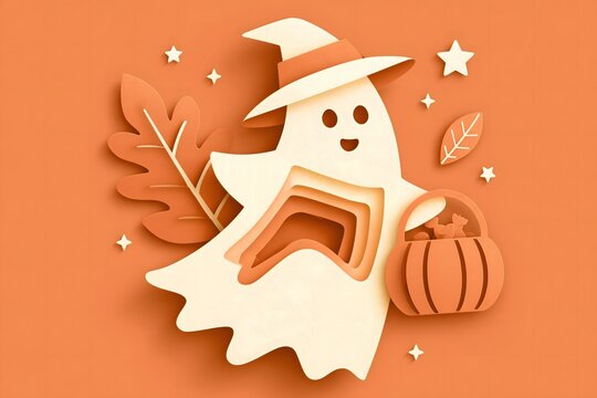 Halloween ghost character crafted from layered paper cut shapes, witch hat, pumpkin candy basket, autumn leaves and small stars, dimensional paper craft aesthetic, warm orange and cream palette,