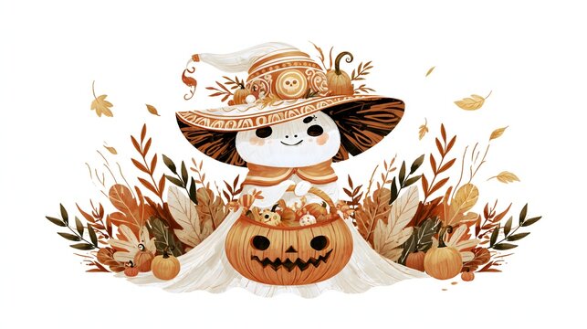Premium Halloween greeting-card illustration featuring a charming ghost witch character with a large decorative hat, pumpkin candy basket, autumn foliage, tiny pumpkins and falling leaves,