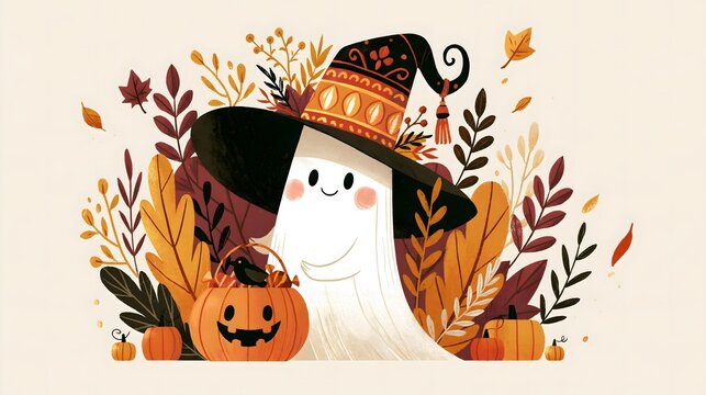 Premium Halloween greeting-card illustration featuring a charming ghost witch character with a large decorative hat, pumpkin candy basket, autumn foliage, tiny pumpkins and falling leaves,