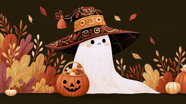 Premium Halloween greeting-card illustration featuring a charming ghost witch character with a large decorative hat, pumpkin candy basket, autumn foliage, tiny pumpkins and falling leaves,