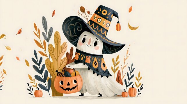 Premium Halloween greeting-card illustration featuring a charming ghost witch character with a large decorative hat, pumpkin candy basket, autumn foliage, tiny pumpkins and falling leaves,