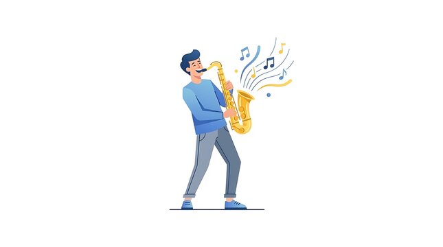 Cartoon man playing saxophone with colorful musical notes.