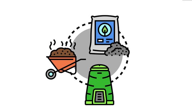 Organic fertilizers, bio pesticide products, and compost from a composter and wheelbarrow representing sustainable farming and ecological agriculture