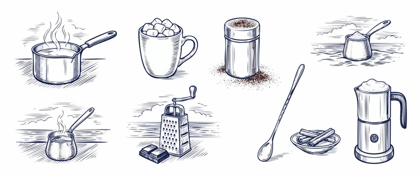 Hot chocolate coffee illustration set featuring turkish cezve pot milk frother cocoa duster marshmallow mug cinnamon sticks chocolate grater spoon vintage engraving sketch vector clip art icons