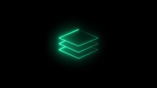 Neon animated layers icon representing stacked levels, layout structure, UI UX elements, design workflow and digital interface.