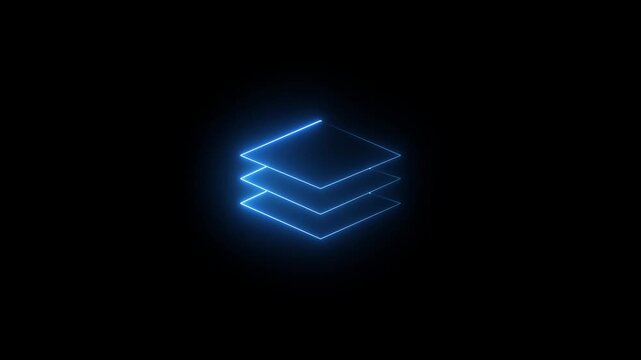 Neon animated layers icon representing stacked levels, layout structure, UI UX elements, design workflow and digital interface.