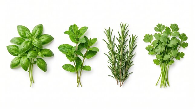Fresh aromatic herb bunches featuring green basil mint rosemary and cilantro on white base.