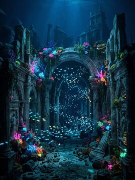 Submerged ancient stone ruins with glowing coral reefs and schools of small fish in deep blue underwater environment, wide angle digital art