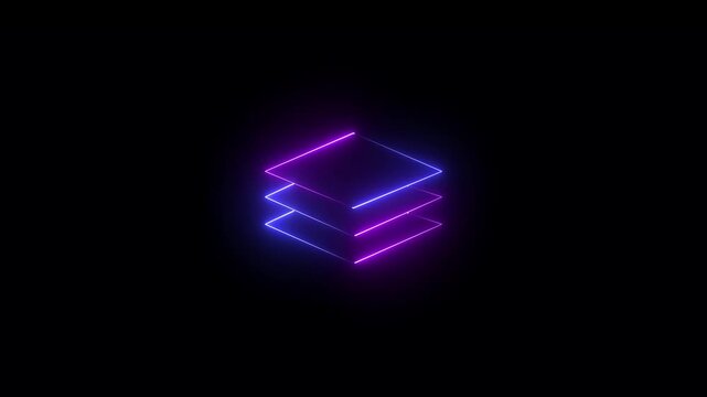 Neon animated layers icon representing stacked levels, layout structure, UI UX elements, design workflow and digital interface.