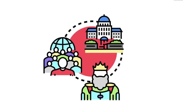 National parliament building standing with a diverse group of citizens and a monarch figure, symbolizing the different elements of power and governance within a nation