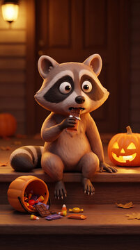 Mischievous cartoon raccoon caught red-handed eating stolen Halloween candy on a porch step, funny 3D illustration with a jack-o'-lantern and spilled candy bucket
