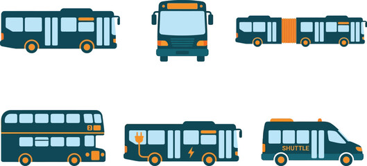 Modern public transport bus set, flat vector city transit vehicles including double decker and electric bus, shuttle and articulated bus icons © Hafizbro