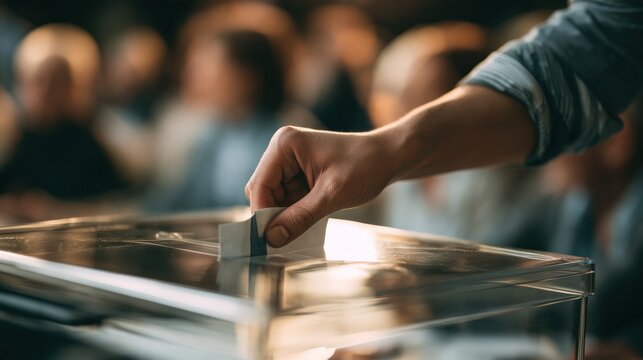 Casting Vote in a Transparent Ballot Box: A close-up shot captures a hand dropping a ballot into a clear ballot box, surrounded by a blurred audience.