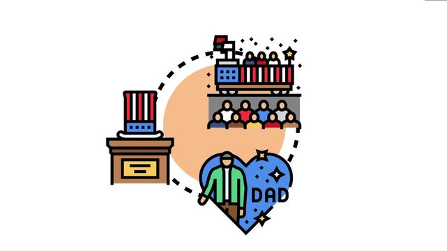 National emblem flag concept depicting a political parade, a symbolic uncle sam hat on a podium, and a dad figure in a heart, symbolizing national pride and family values