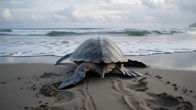Green sea turtle leaving its nest of eggs on a sandy beach and returning to the ocean waves during early morning