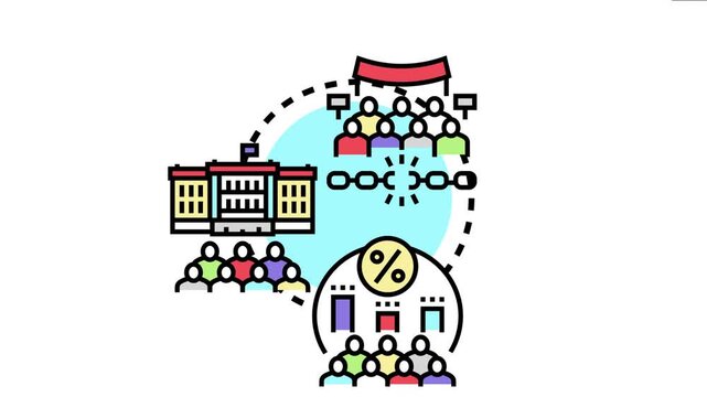 Government building, citizens, and voting process representing collective decision making, policy development, and the democratic process