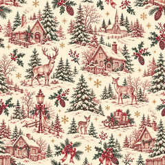 Naklejka na ściany i meble Vintage Christmas Winter Village Seamless Pattern with Snowy Cottages, Reindeer, Holly and Pine Trees