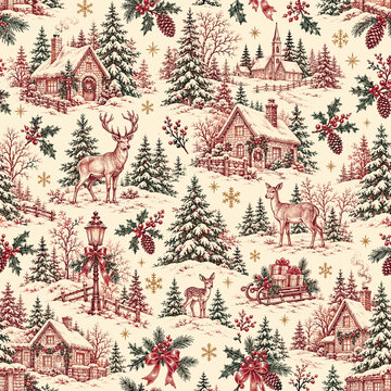 Vintage Christmas Winter Village Seamless Pattern with Snowy Cottages, Reindeer, Holly and Pine Trees