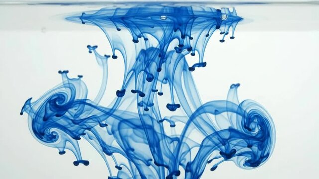 Blue ink swirling in water, creating abstract patterns and smoke-like shapes on a white background