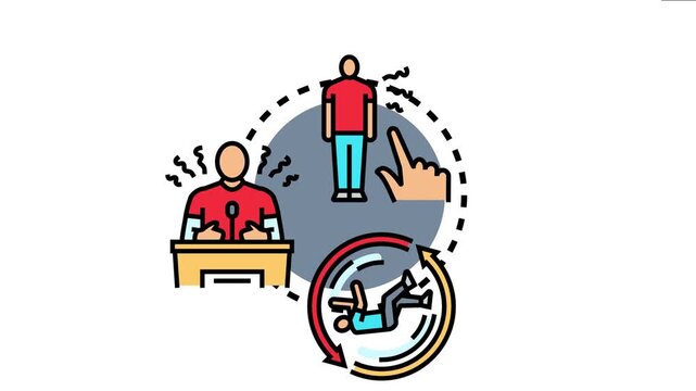 Person experiencing anxiety symptoms, a hand pointing as an external stimulus, and an individual speaking at a podium, the process of gradually reducing fear through repeated exposure