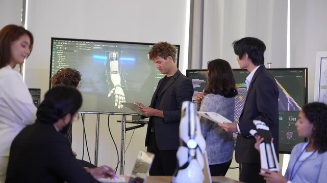 Young engineer presents a robotic arm 3D model on a large screen to colleagues in suits around a meeting table in a blue-lit control room, during a hands-on test, a smart automation concept