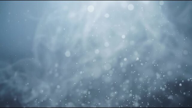 Cosmetic fragrance mist disperses into a muted powder-blue atmospheric field, with tiny soft-focus